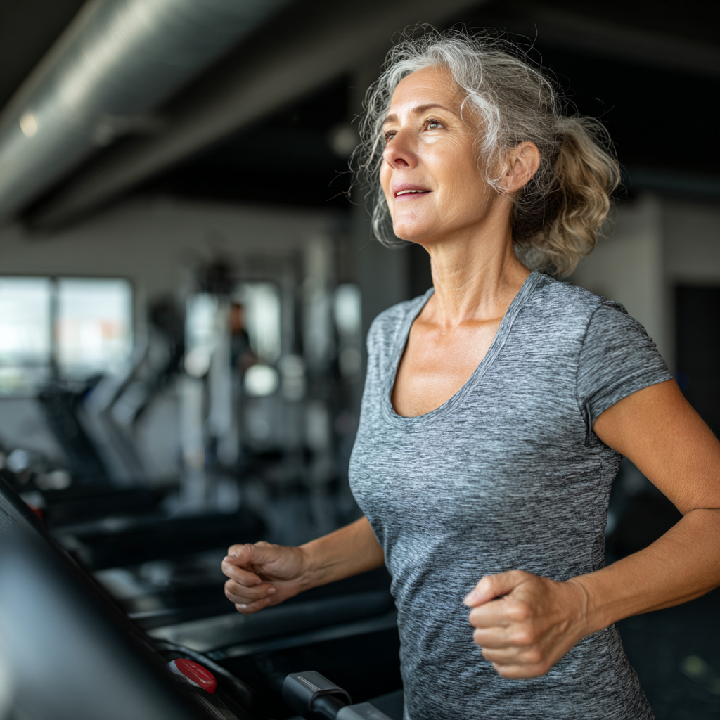 Жінка 58 років на біговій доріжці в фітнес центрі
