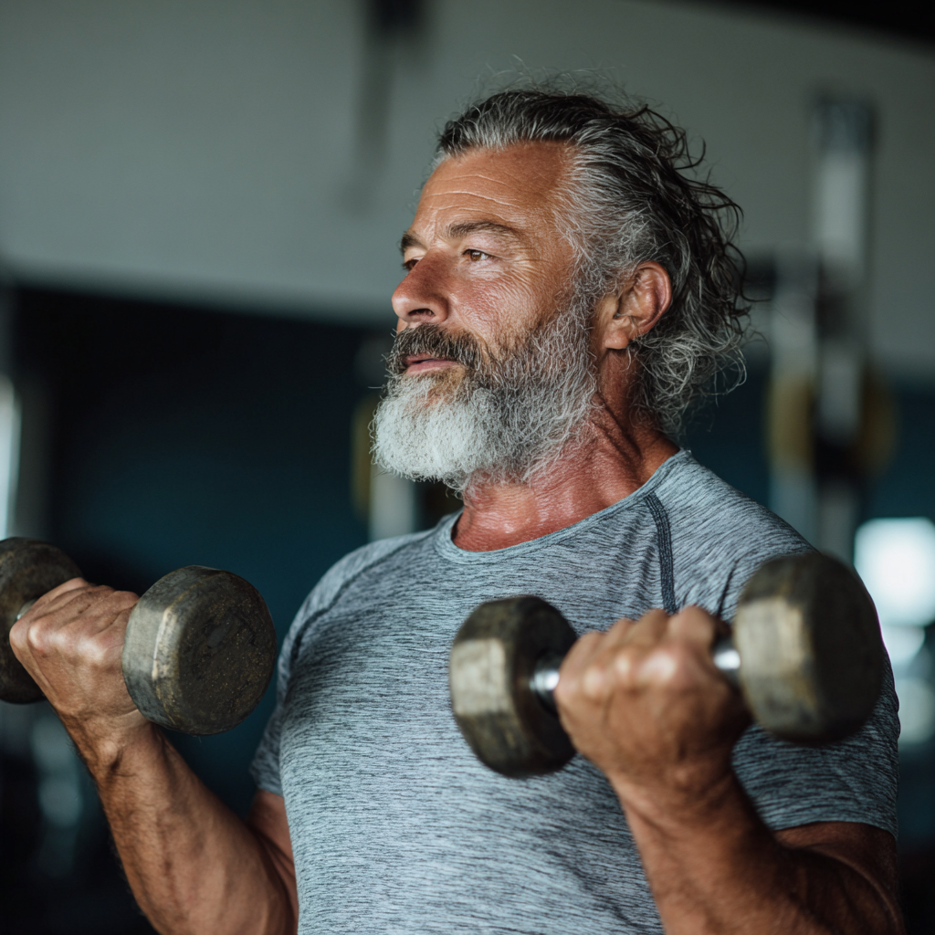 Чоловік 55 років виконує силові вправи з гантелями в спортзалі