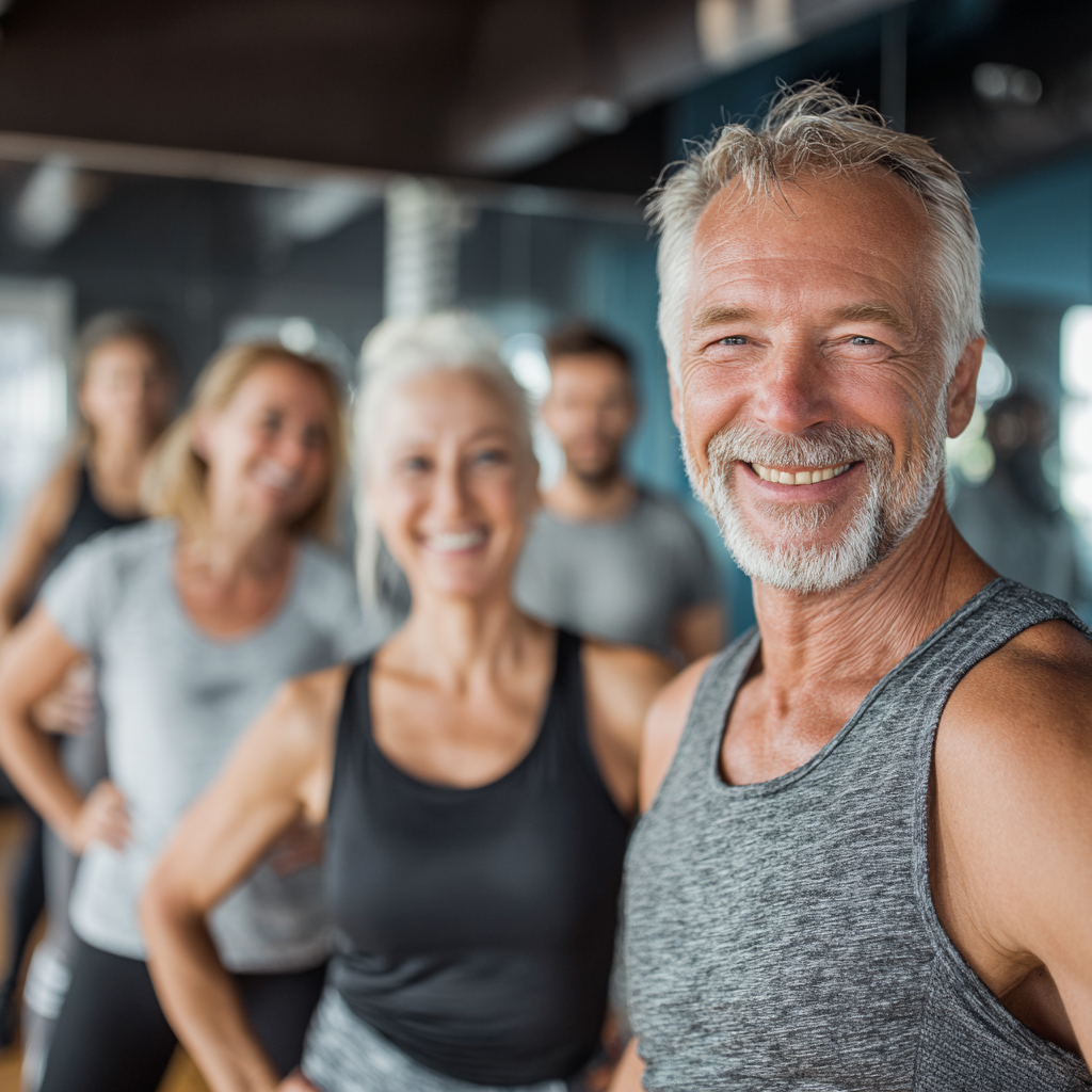 Група людей віком 50-60 років під час групового тренування з тренером